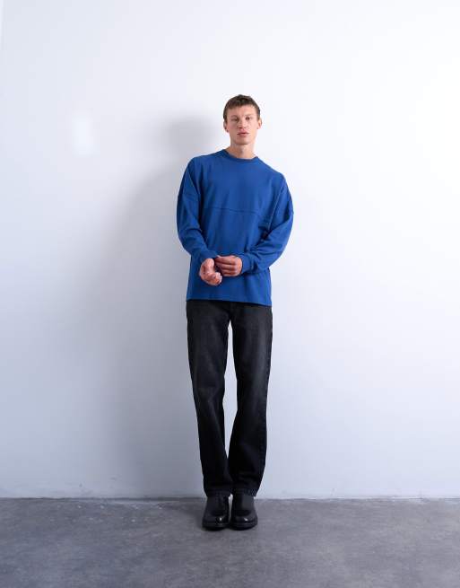 Topman - T-shirt comoda a maniche lunghe blu cobalto con stampa New York City, 2 di 5