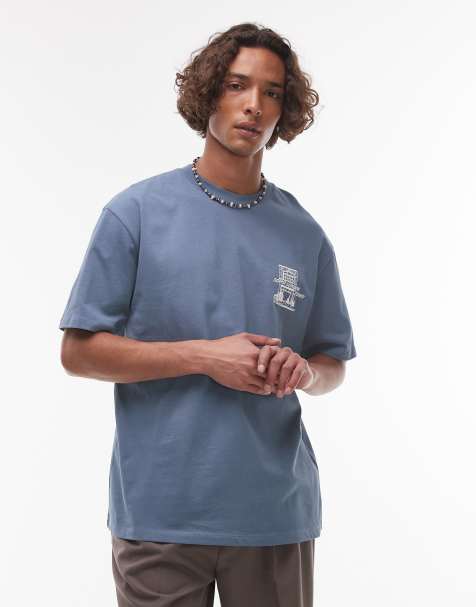 Topman - T-shirt comoda blu con stampa Soho sul davanti e sul retro - view 1