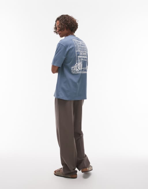 Topman - T-shirt comoda blu con stampa Soho sul davanti e sul retro, 3 di 4