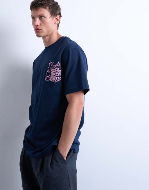 Topman - T-shirt comoda blu navy con stampa di frutta e vino sul davanti e sul retro, 2 di 5