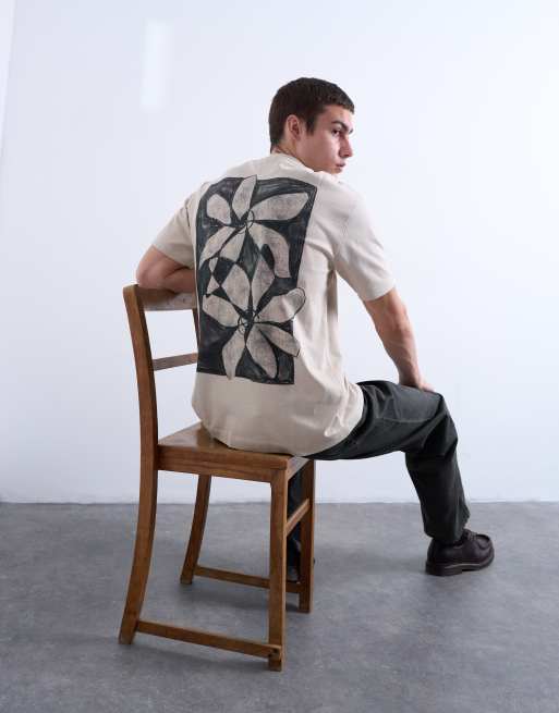 Topman - T-shirt comoda color pietra con stampa floreale sul davanti e sul retro 