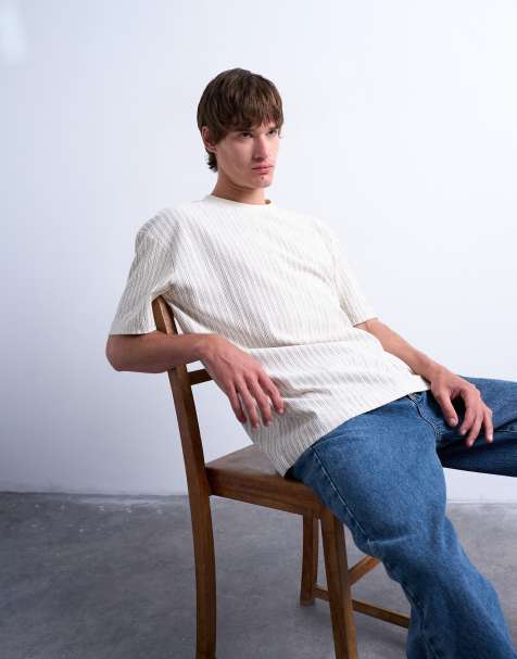 Topman - T-shirt comoda écru a righe sottili - view 1