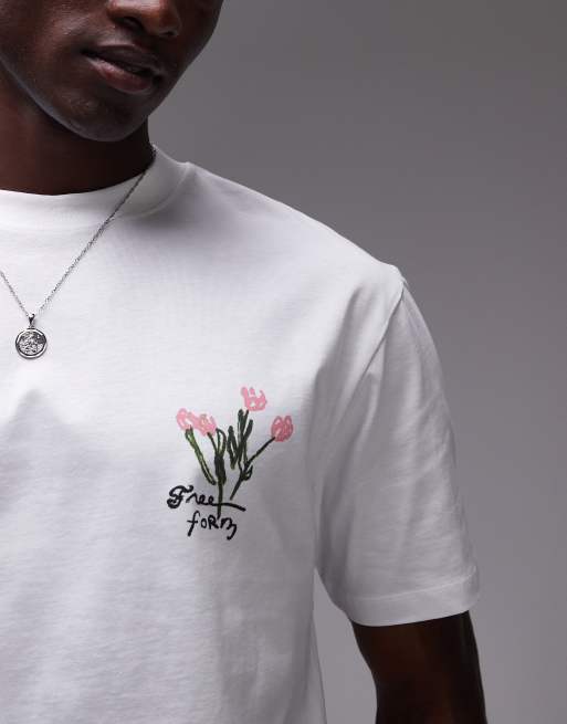 Topman - T-shirt comoda écru con stampa a fiori, 2 di 4