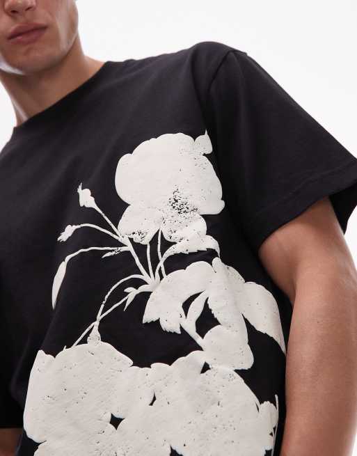 Topman T-shirt comoda nera monocromatica con stampa a fiori ASOS