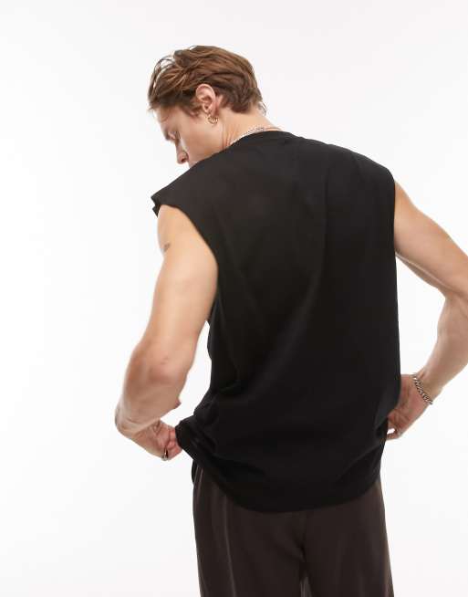 Topman - T-shirt comoda nera senza maniche, 3 di 4