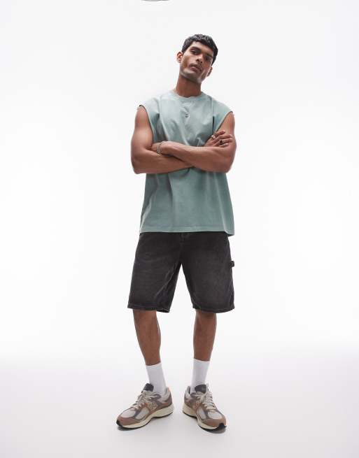 Topman - T-shirt comoda senza maniche verde slavato, 3 di 4
