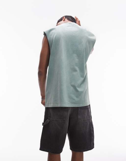 Topman - T-shirt comoda senza maniche verde slavato, 4 di 4