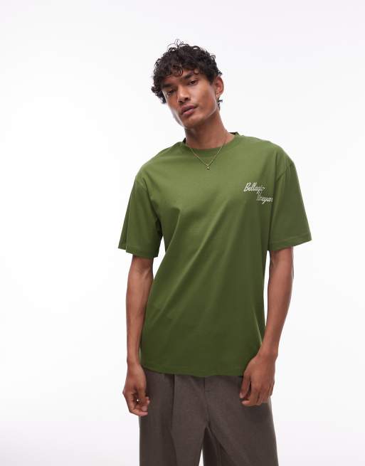Topman - T-shirt comoda verde con stampa Vineyard sul davanti e sul retro, 3 di 4