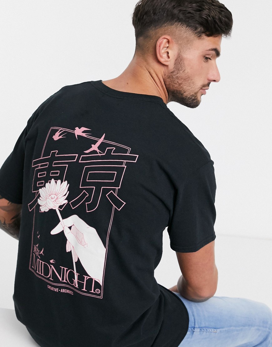 Topman - T-shirt con fiore stampato sul retro nera-Nero