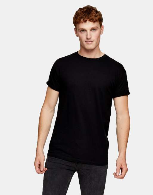 Topman - T-shirt con risvolto sulle maniche in tessuto fiammato nero