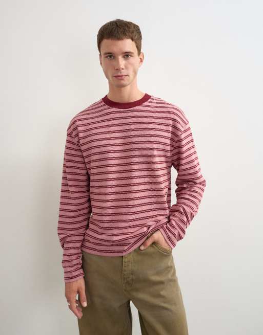 Topman t-shirt corta a maniche lunghe vestibilità comoda con righe testurizzate rosa, 5 di 5