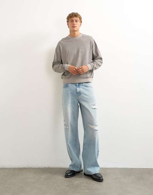 Topman - T-shirt corta comoda a maniche lunghe grigia a righe, 3 di 5