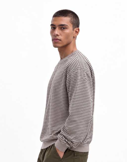 Topman - T-shirt corta comoda a maniche lunghe grigia a righe, 8 di 10