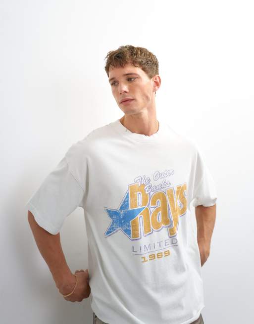Topman T-shirt corta relaxed fit con stampa vintage rays e effetto vissuto in ecru