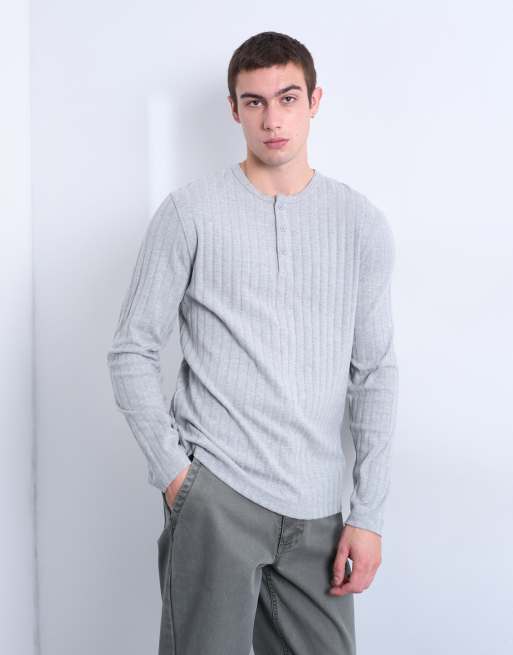 Topman - T-shirt côtelé à manches longues et col boutonné - Gris, 4 de 5