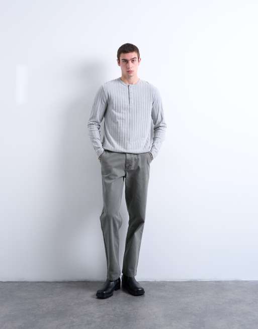 Topman - T-shirt côtelé à manches longues et col boutonné - Gris, 5 de 5