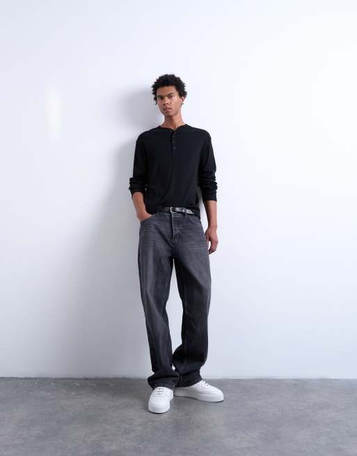 Topman - T-shirt côtelé coupe classique à manches longues et col boutonné - Noir, 2 de 5