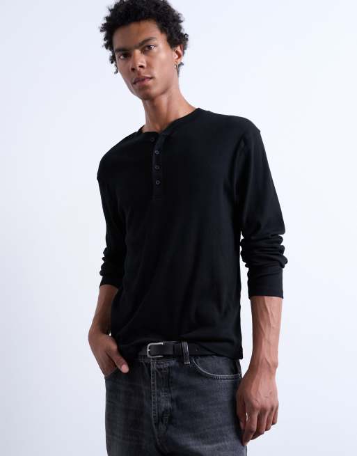 Topman - T-shirt côtelé coupe classique à manches longues et col boutonné - Noir, 3 de 5