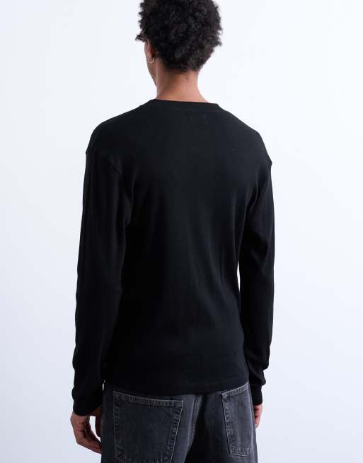 Topman - T-shirt côtelé coupe classique à manches longues et col boutonné - Noir, 4 de 5