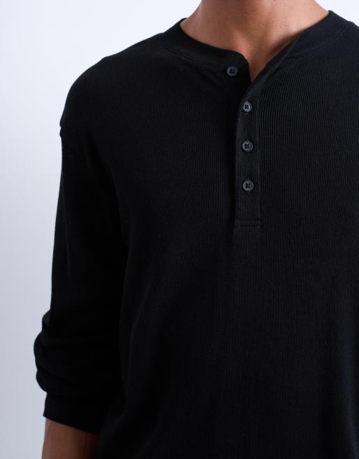 Topman - T-shirt côtelé coupe classique à manches longues et col boutonné - Noir, 5 de 5
