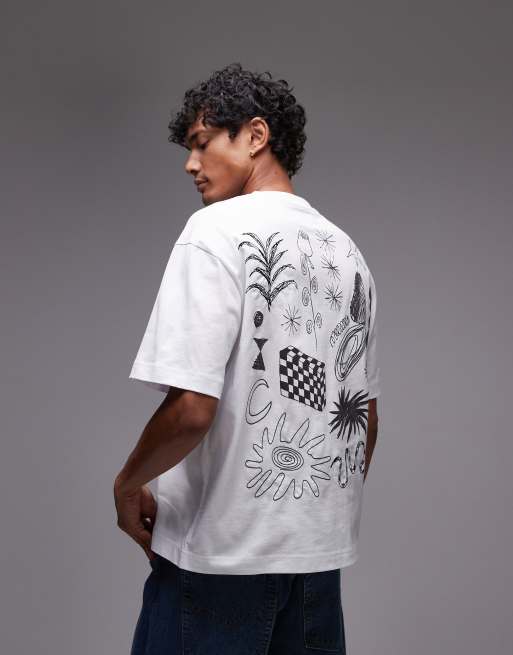 Topman - T-shirt coupe carré avec imprimé gribouillis et broderies sur le devant et au dos - Blanc