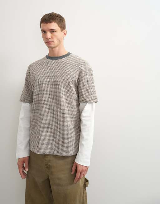 Topman t-shirt coupe relaxed à double épaisseur en maille nid d'abeille beige chiné, 4 de 5