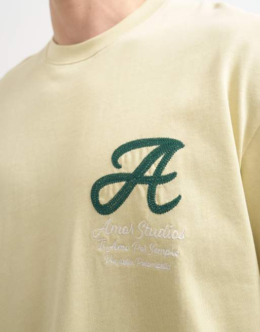 Topman - T-shirt décontracté à broderie Amor - Jaune délavé, 5 de 5