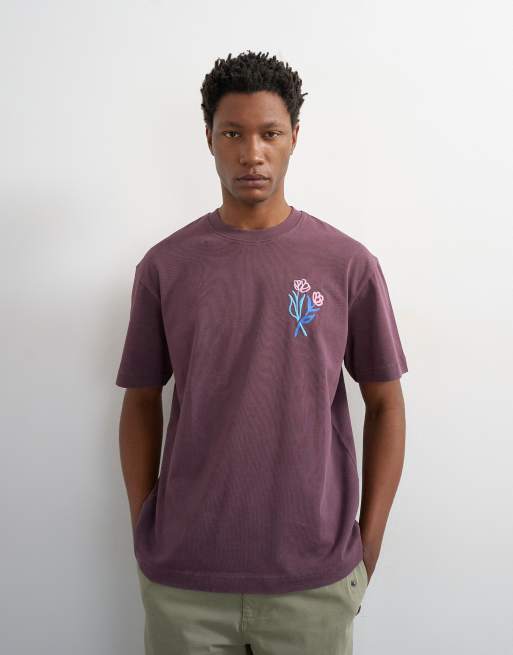 Topman - T-shirt décontracté à broderie fleurs sur le devant et au dos - Violet, 4 de 5