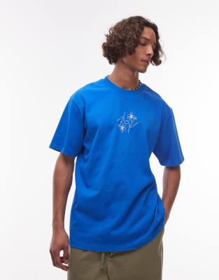Topman - T-shirt décontracté avec broderie fleurs - Bleu délavé