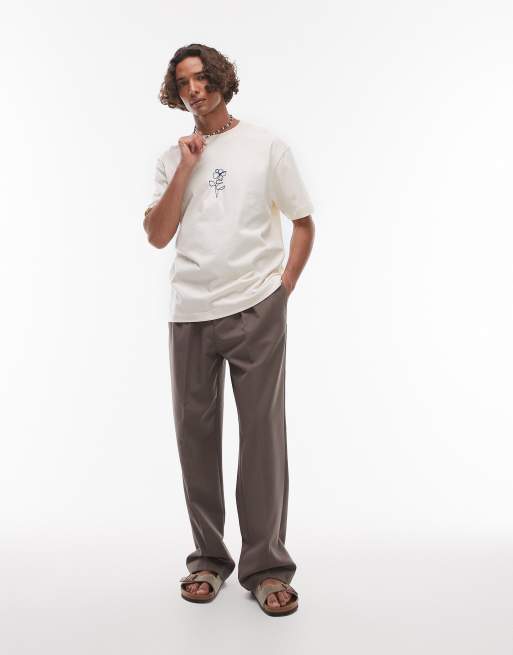 Topman - T-shirt décontracté de qualité supérieure avec broderie fleur - Écru, 2 de 4