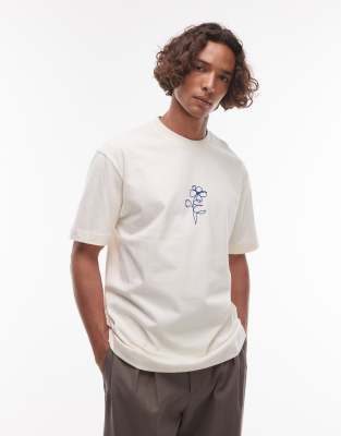 Topman - T-shirt décontracté de qualité supérieure avec broderie illustration de fleur - Écru-Blanc