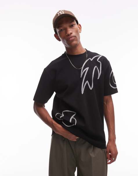 Topman - T-shirt décontracté de qualité supérieure avec formes abstraites devant et au dos en cordon - Noir - view 1