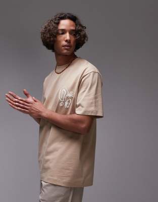 Topman - T-shirt décontracté de qualité supérieure avec formes abstraites texturées imprimées devant et au dos - Taupe-Neutre