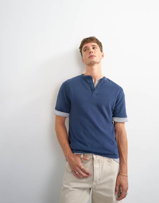 Topman - T-shirt décontracté en lin mélangé avec col boutonné - Bleu marine, 3 de 5