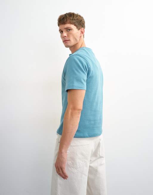 Topman - T-shirt décontracté en lin mélangé avec col boutonné - Bleu pétrole, 3 de 5