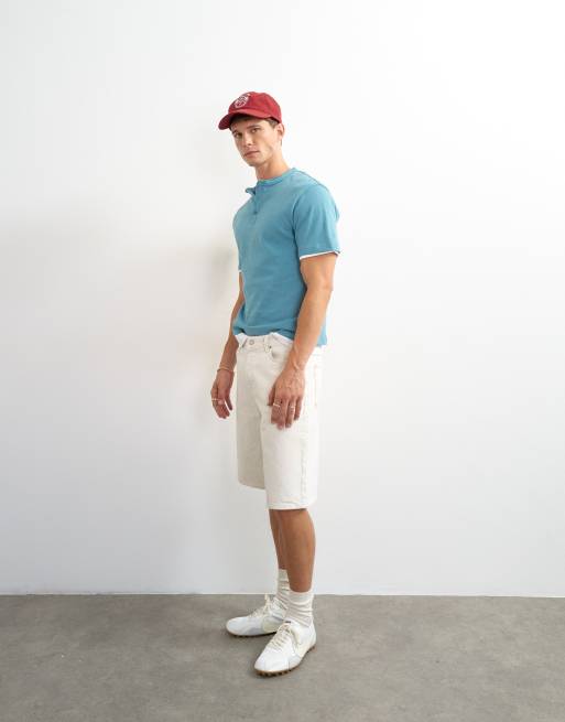 Topman - T-shirt décontracté en lin mélangé avec col boutonné - Bleu pétrole, 5 de 5