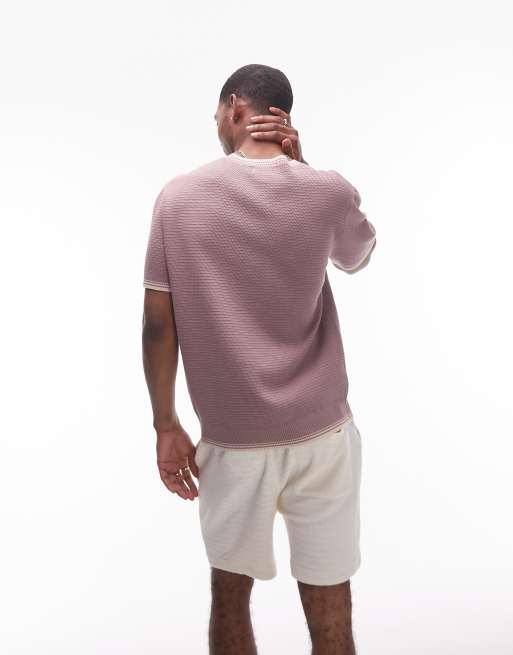 Topman - T-shirt en maille ottoman avec col et ourlet à liserés - Mauve, 2 de 4