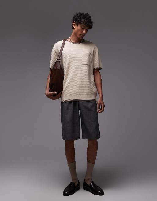 Topman - T-shirt en maille ottoman avec col et ourlet à liserés - Taupe, 3 de 4