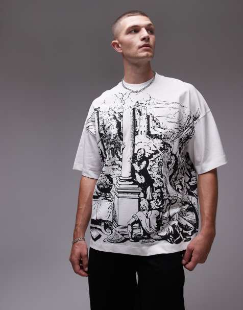 Topman - T-shirt épais ultra oversize de qualité supérieure avec imprimé scène médiévale devant et dans le dos - Écru - view 1