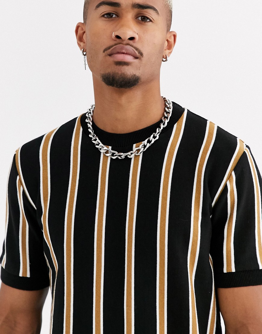 Topman - T-shirt girocollo in maglia a righe verticali nera-Nero