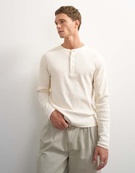 Topman t-shirt Henley côtelé à manches longues coupe slim en écru, 2 de 7