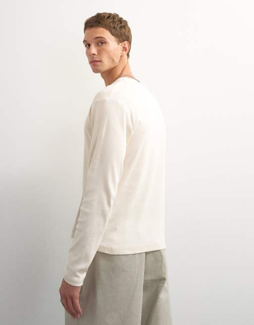 Topman t-shirt Henley côtelé à manches longues coupe slim en écru, 4 de 7