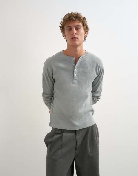 Topman t-shirt henley côtelé coupe slim à manches longues en gris clair - view 1