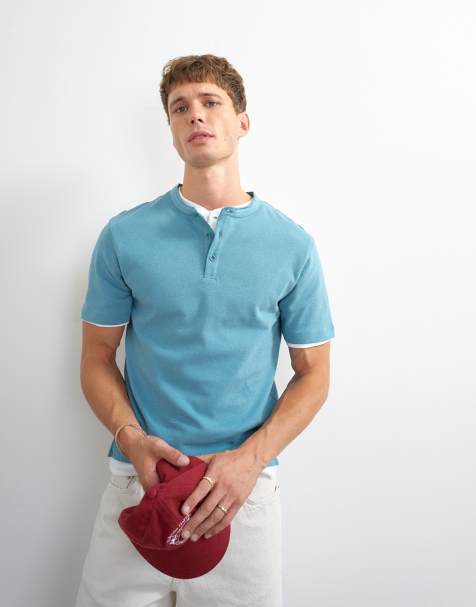 Topman T-shirt henley o luźnym kroju z mieszanki lnu w kolorze petrol blue - view 1