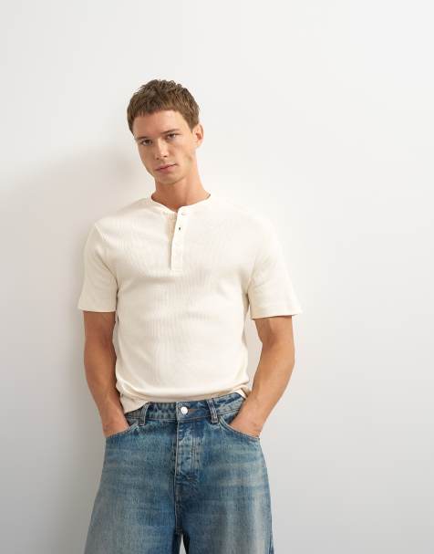 Topman T-shirt henley slim fit a coste color ecru - view 1