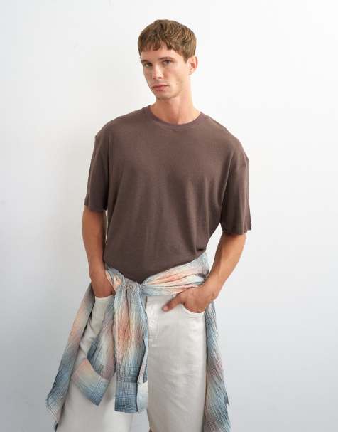 Topman T-shirt i hørblanding med afslappet pasform i brun - view 1
