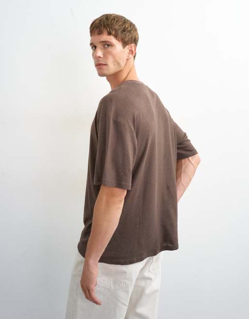 Topman T-shirt i hørblanding med afslappet pasform i brun, 3 af 5