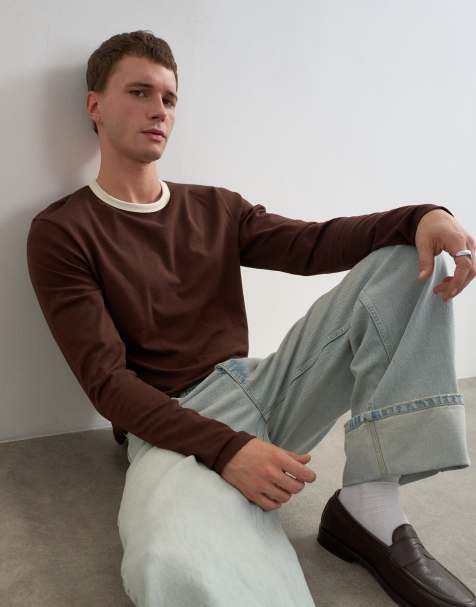 Topman t-shirt i klassisk passform, kort modell, med långa ärmar och kontrasterande kanter i brun - view 1