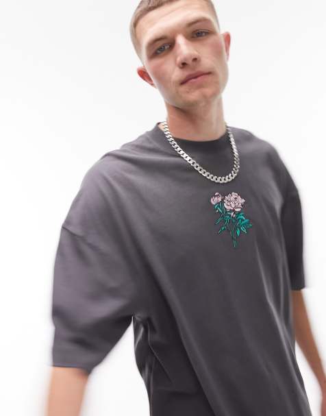 Topman – T-Shirt in Anthrazit mit extremer Oversize-Passform und Blumenstickerei - view 1