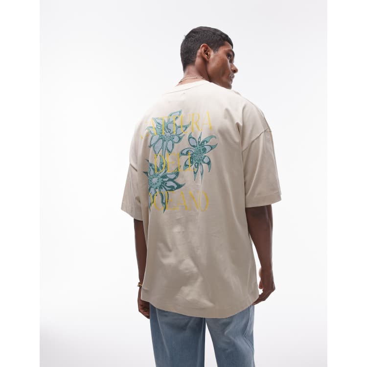 Topman – T-Shirt in Ecru mit Blumenmuster und extremer Oversize 